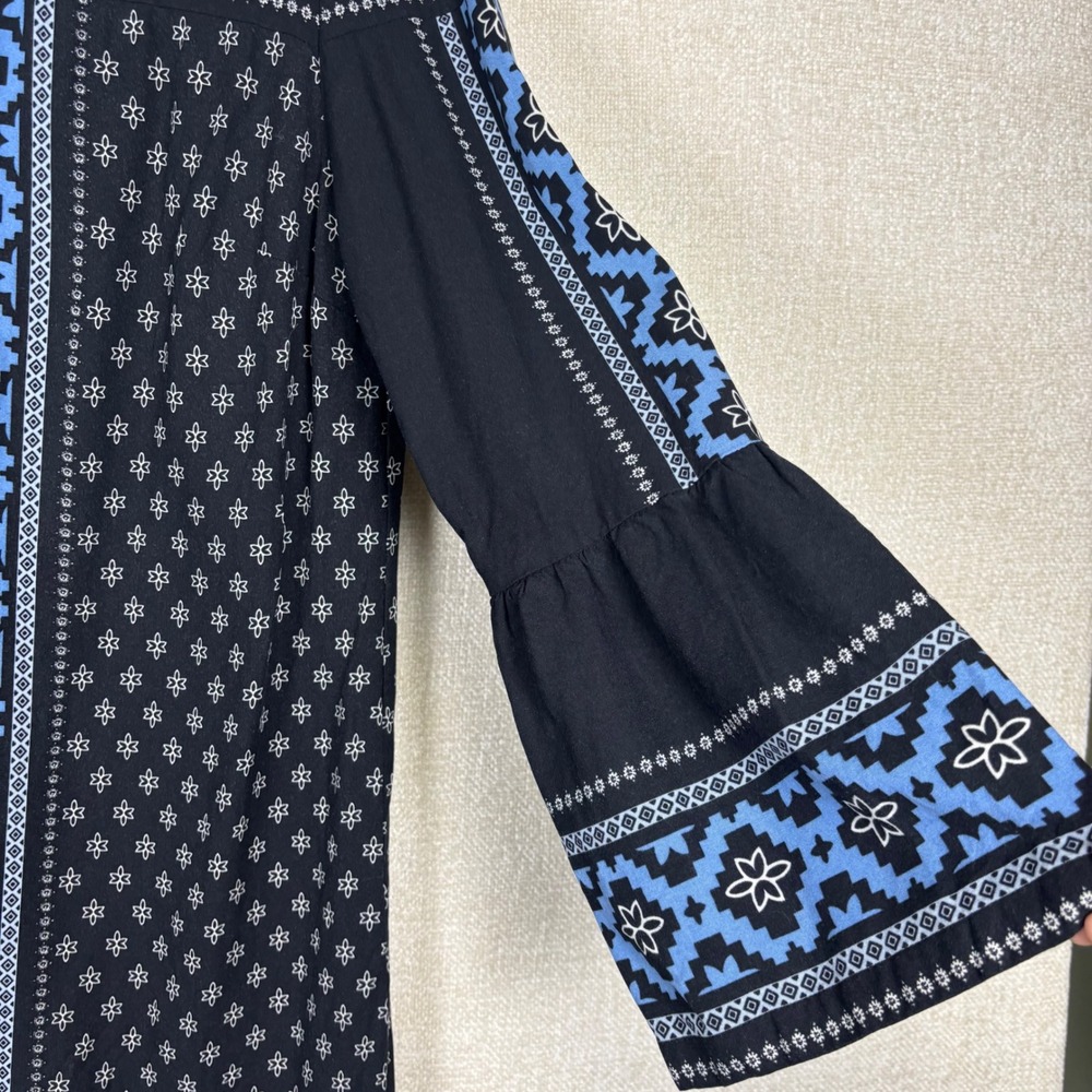 Loft Womens Medium Blue Black Geometric Floral 3/4 Bell Sleeve Boho Shift Dress - Picture 5 of 11